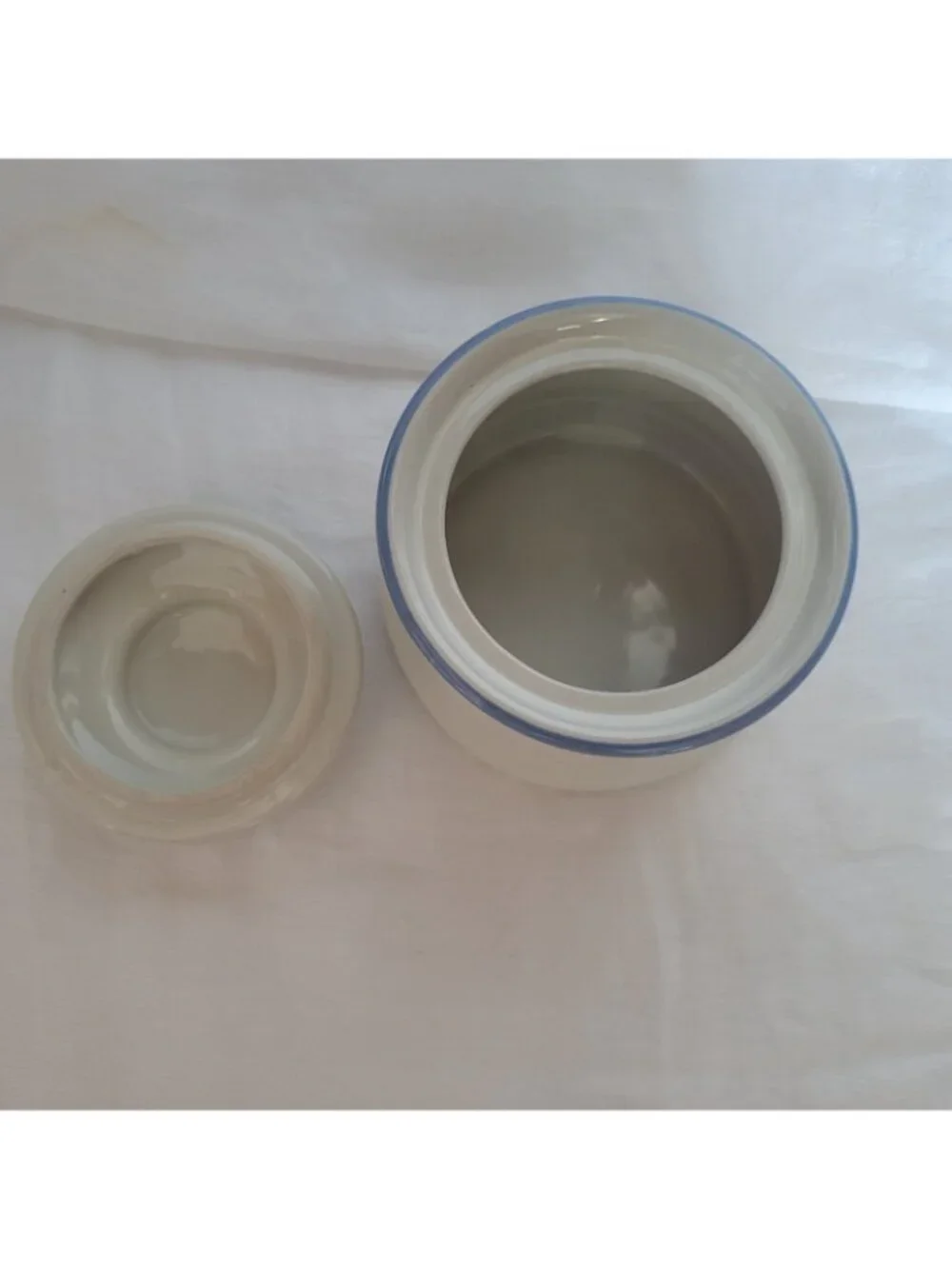 Stoneware Japan Sugar Bowl Vtg Cream w/blue stripe w/lid functional Country EUC